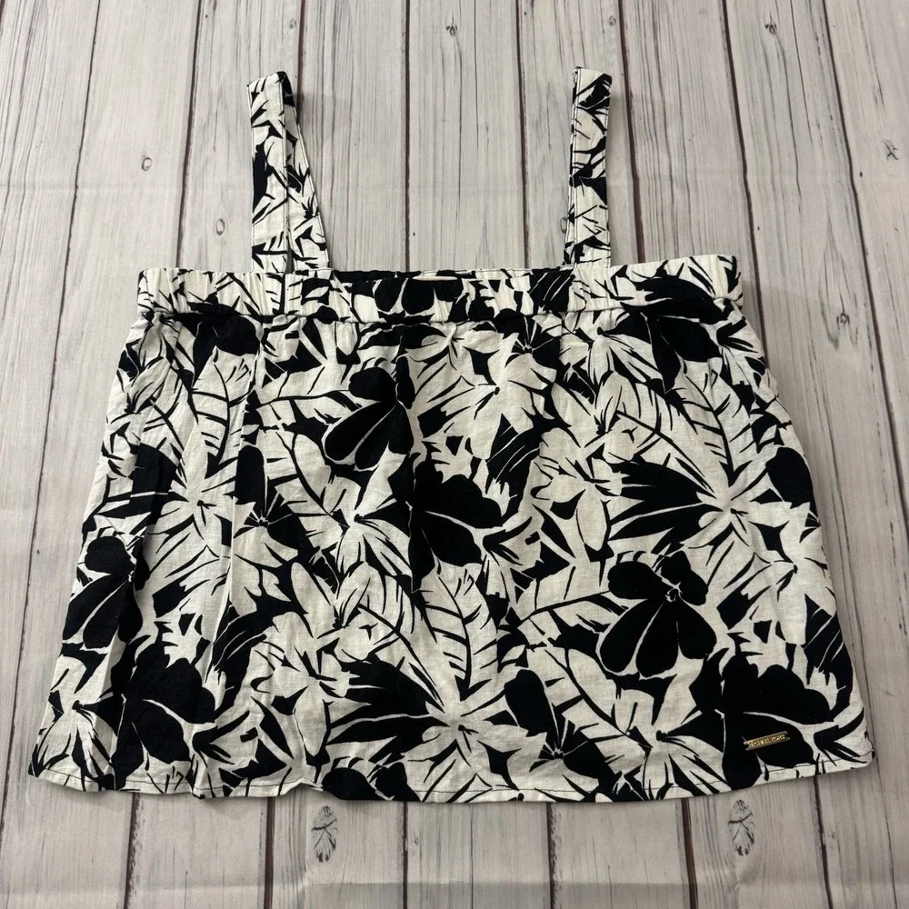 Michael Kors Linen Blend Tank‎ Top Black & White Tropical Palm Floral XL Women's